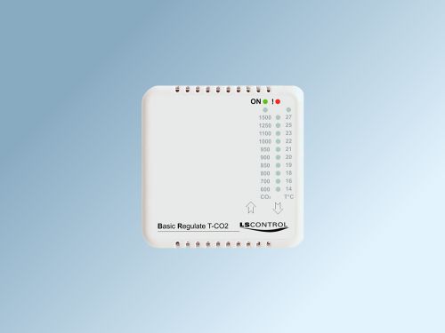 Hvid regulator med indbygget CO2 og temperatursensor og alarmlampe, ES 1090
